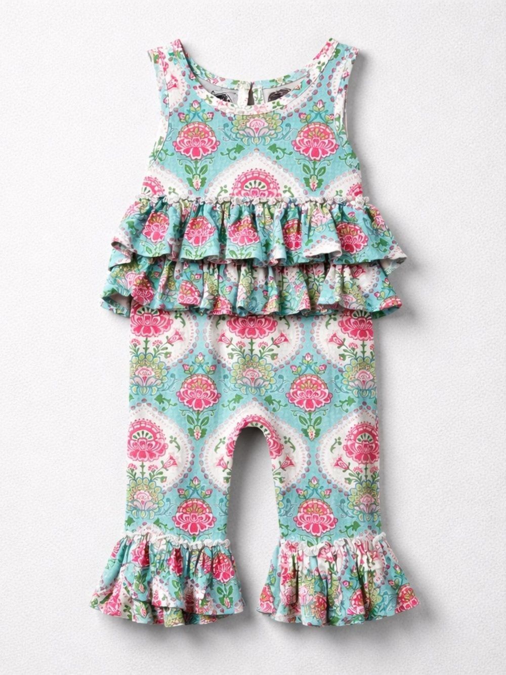 Mud Pie green and pink floral ruffle hem bamboo jumpsuit size 9-12 months